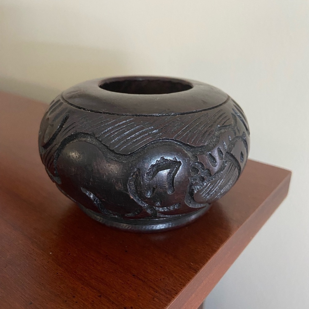 🩷 African Hardwood Ebony Small Carved Wood Bowl Elephant Rhino Giraffe Animals